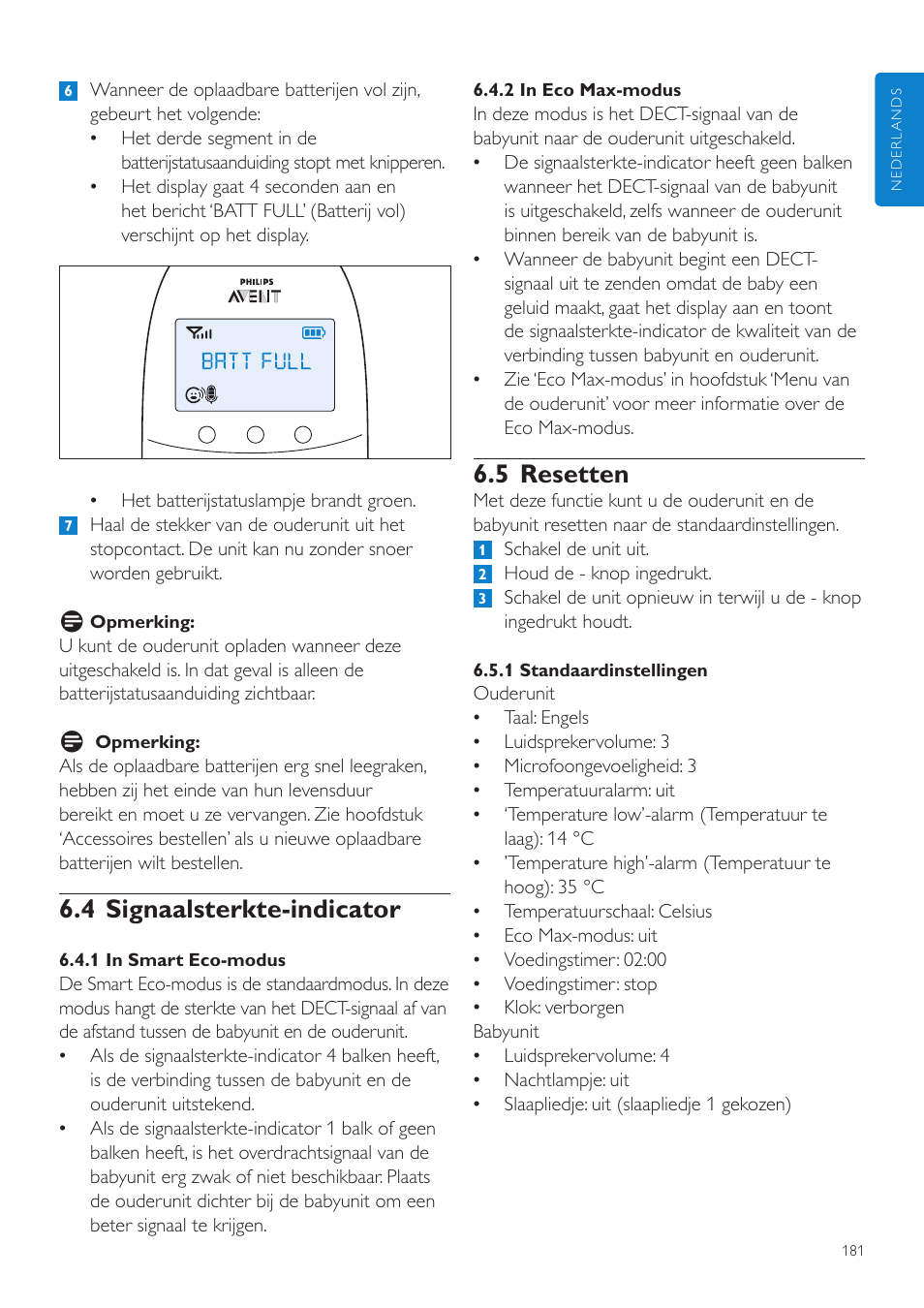 5 resetten, 4 signaalsterkte-indicator | Philips AVENT Écoute-bébé DECT User Manual | Page 181 / 294