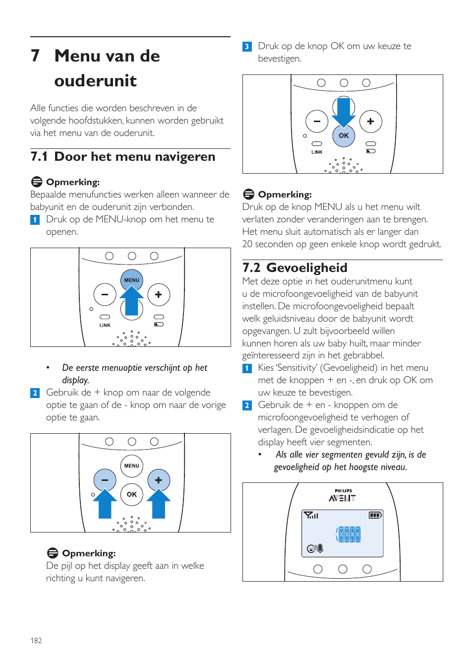 7 menu van de ouderunit, 2 gevoeligheid, 1 door het menu navigeren | Philips AVENT Écoute-bébé DECT User Manual | Page 182 / 294