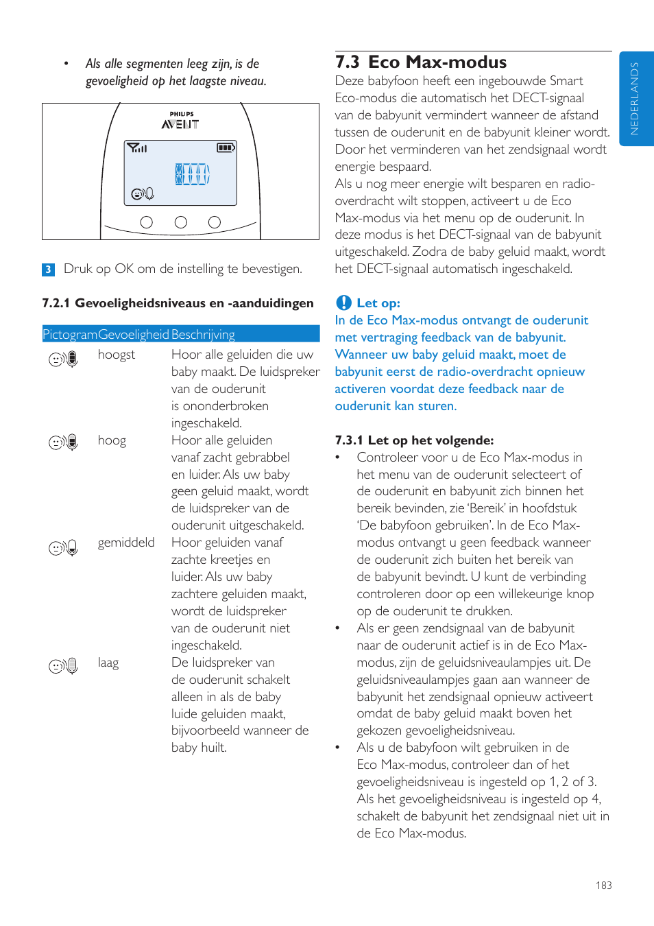 3 eco max-modus | Philips AVENT Écoute-bébé DECT User Manual | Page 183 / 294