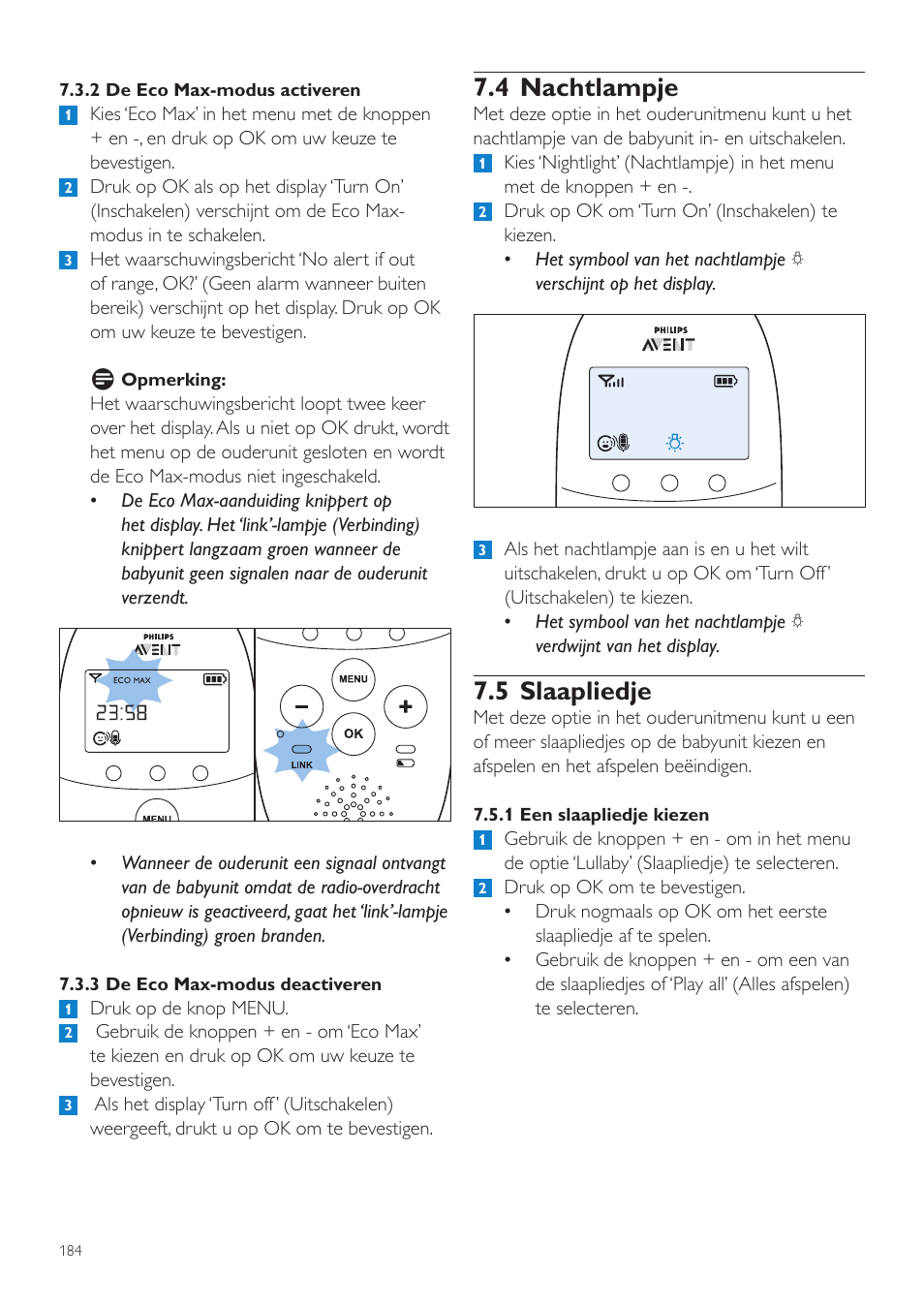 4 nachtlampje, 5 slaapliedje | Philips AVENT Écoute-bébé DECT User Manual | Page 184 / 294