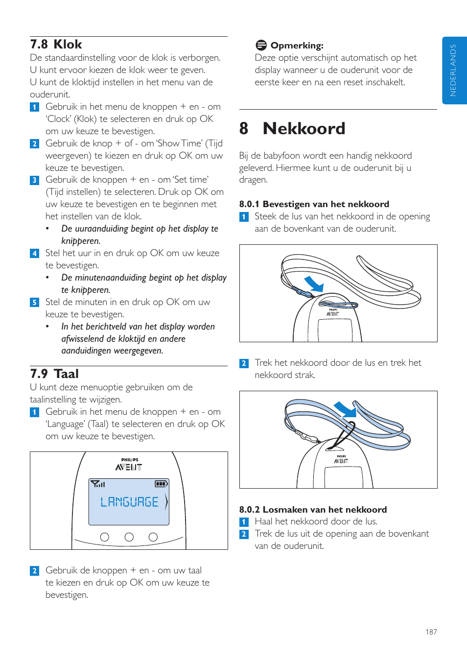 8 nekkoord, 8 klok, 9 taal | Philips AVENT Écoute-bébé DECT User Manual | Page 187 / 294