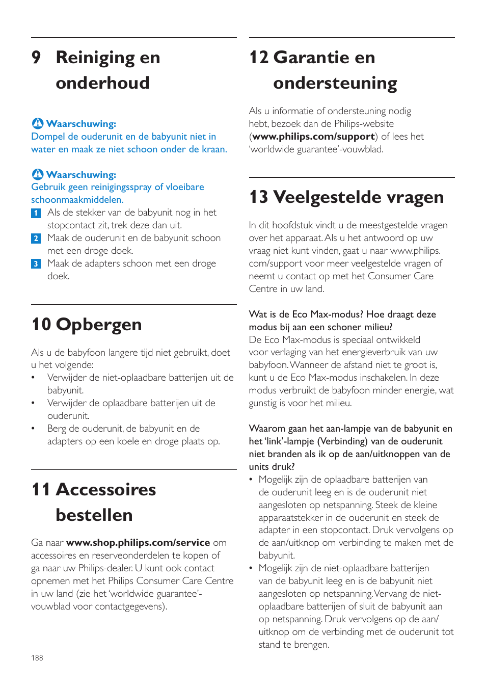 12 garantie en ondersteuning, 13 veelgestelde vragen, 9 reiniging en onderhoud | 10 opbergen, 11 accessoires bestellen | Philips AVENT Écoute-bébé DECT User Manual | Page 188 / 294