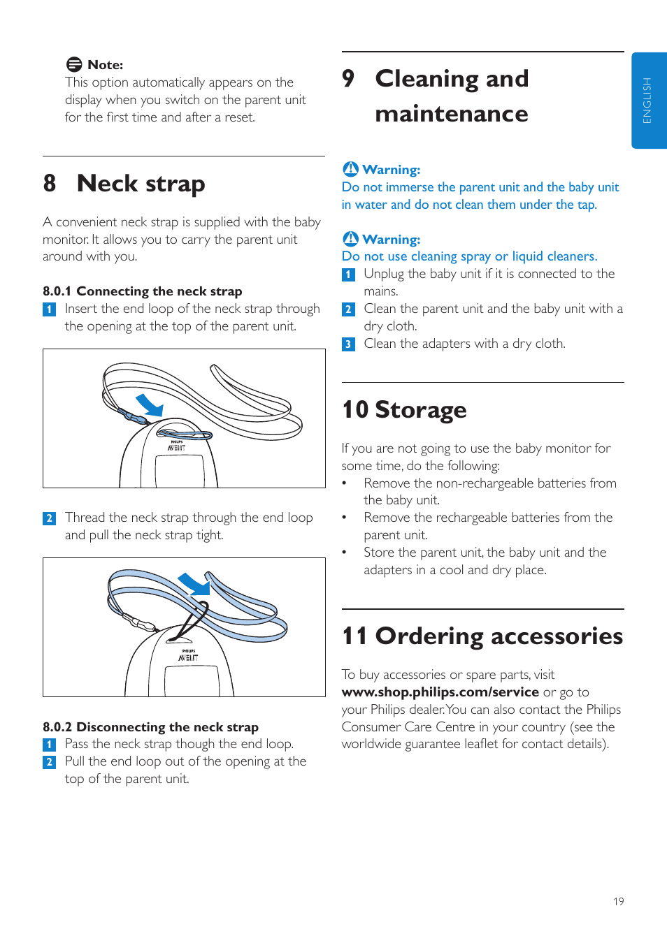 9 cleaning and maintenance, 10 storage, 11 ordering accessories | 8 neck strap | Philips AVENT Écoute-bébé DECT User Manual | Page 19 / 294