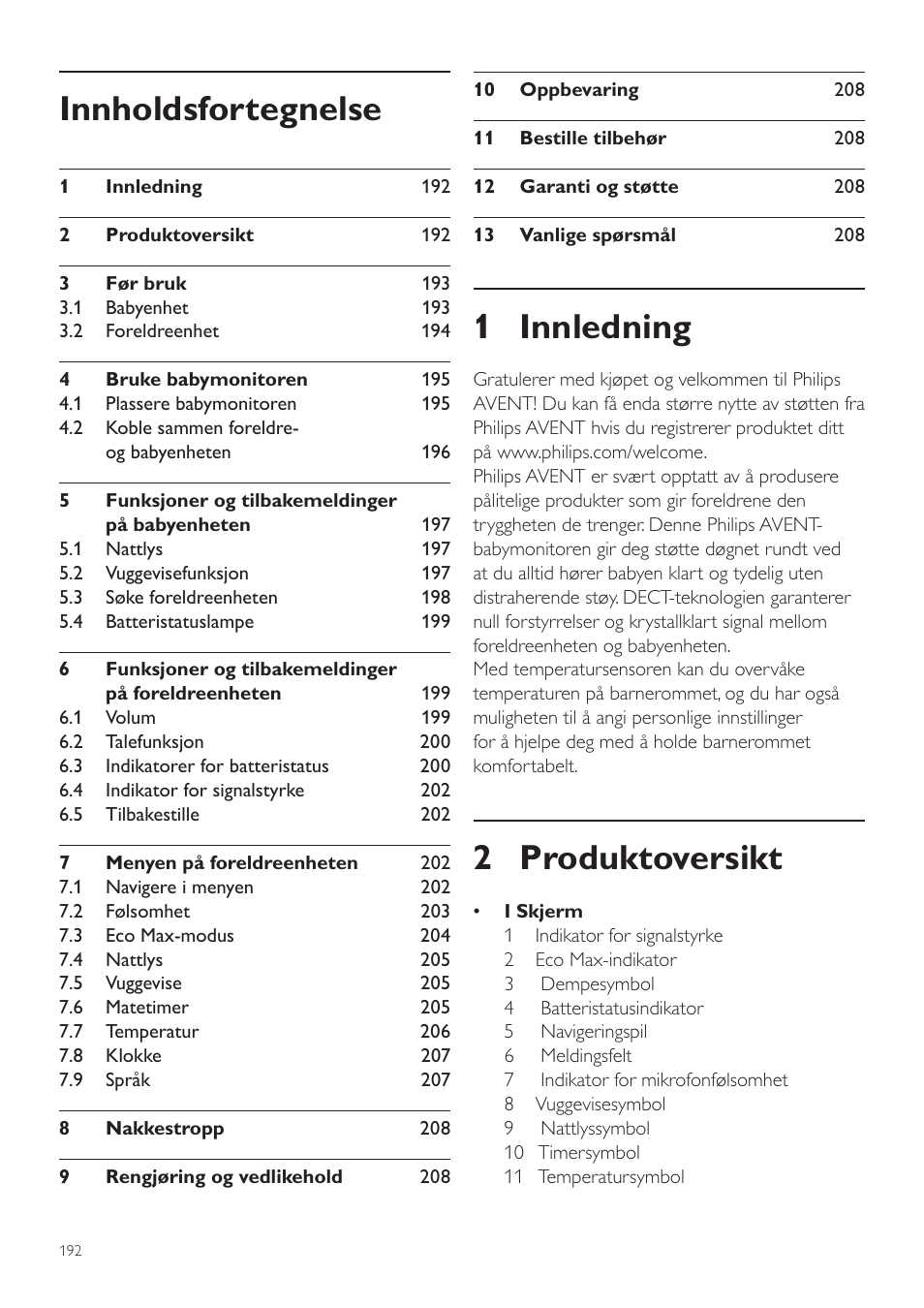 Norsk, No brukerhåndbok, 1 innledning | 2 produktoversikt, Innholdsfortegnelse | Philips AVENT Écoute-bébé DECT User Manual | Page 192 / 294