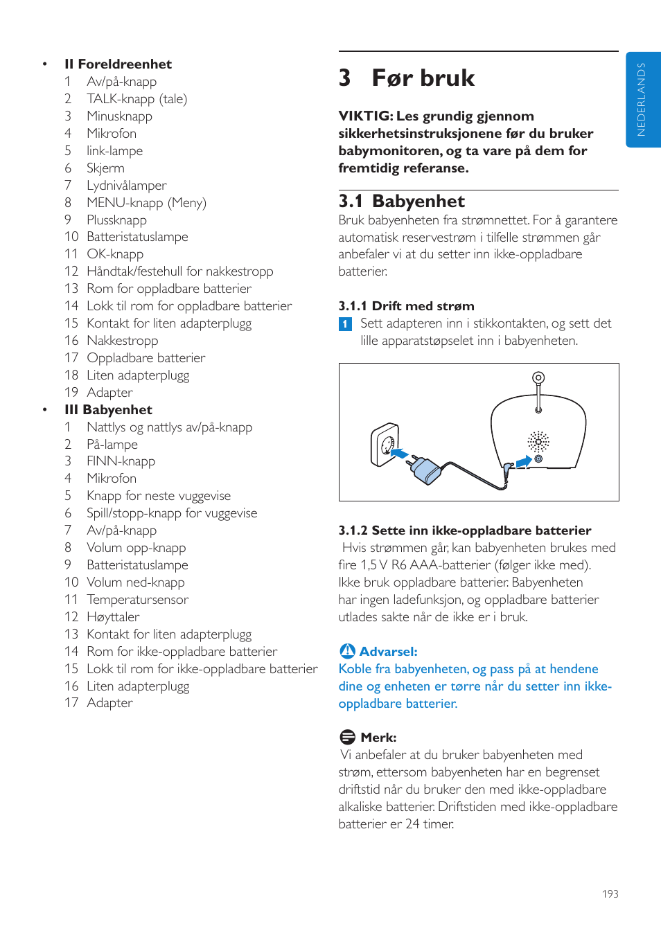 3 før bruk, 1 babyenhet | Philips AVENT Écoute-bébé DECT User Manual | Page 193 / 294