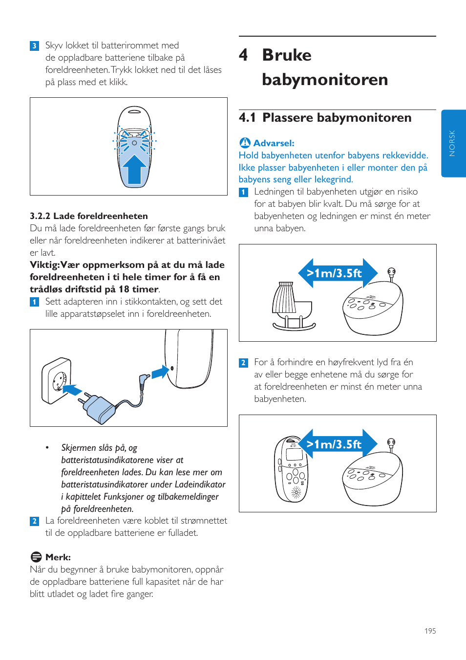 4 bruke babymonitoren, 1 plassere babymonitoren | Philips AVENT Écoute-bébé DECT User Manual | Page 195 / 294