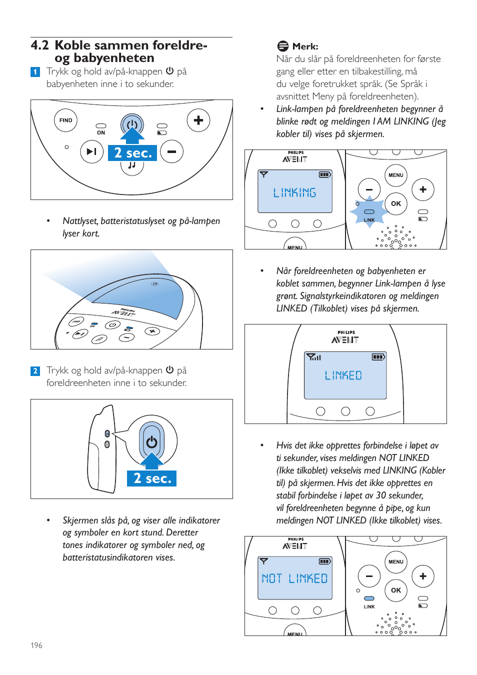 2 koble sammen foreldre- og babyenheten | Philips AVENT Écoute-bébé DECT User Manual | Page 196 / 294