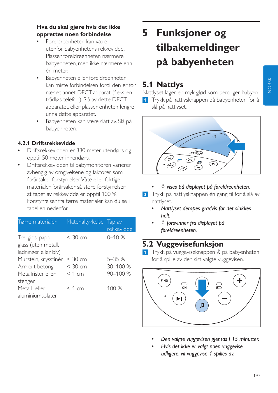 5 funksjoner og tilbakemeldinger på babyenheten, 1 nattlys, 2 vuggevisefunksjon | Philips AVENT Écoute-bébé DECT User Manual | Page 197 / 294