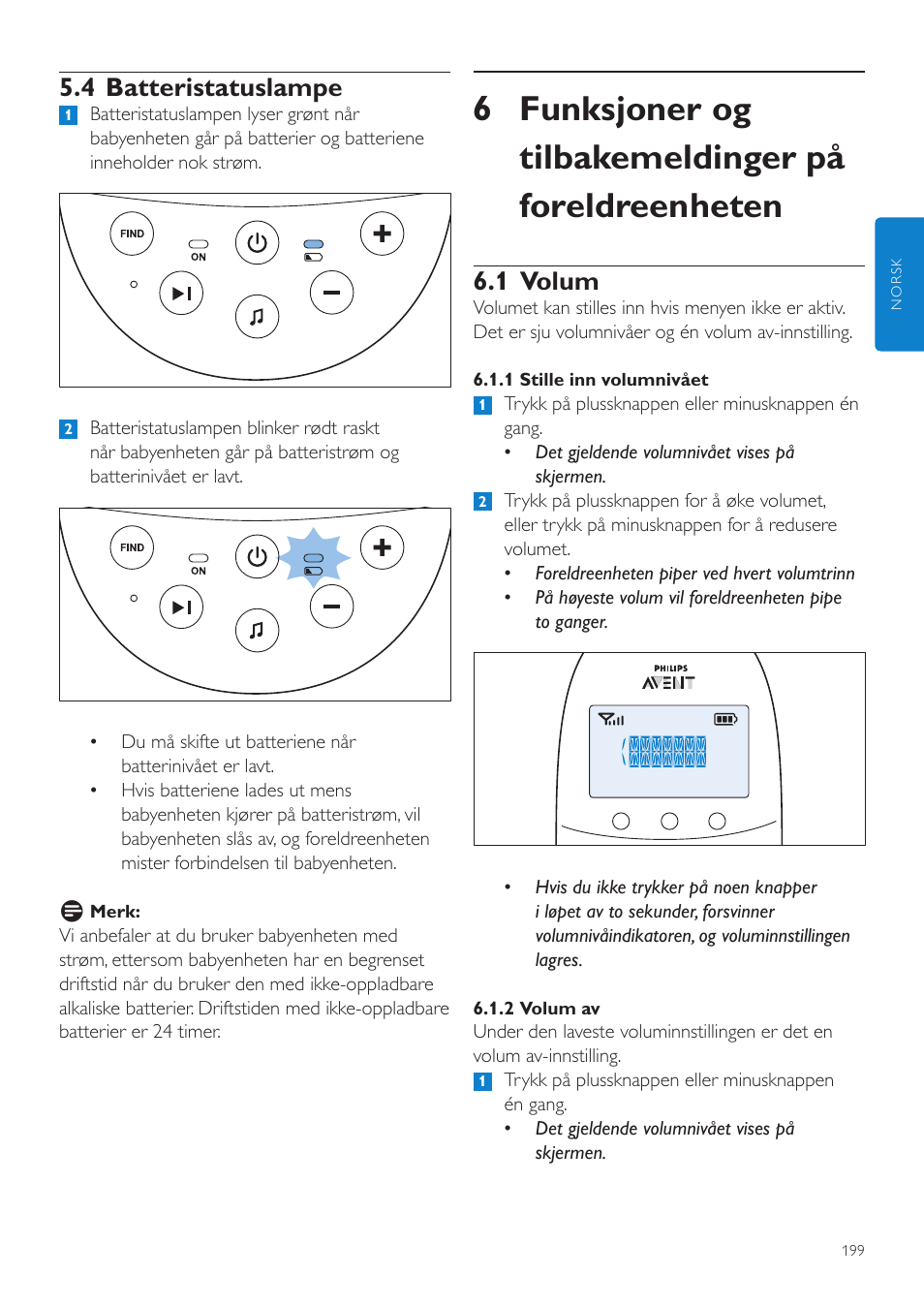 1 volum, 4 batteristatuslampe | Philips AVENT Écoute-bébé DECT User Manual | Page 199 / 294