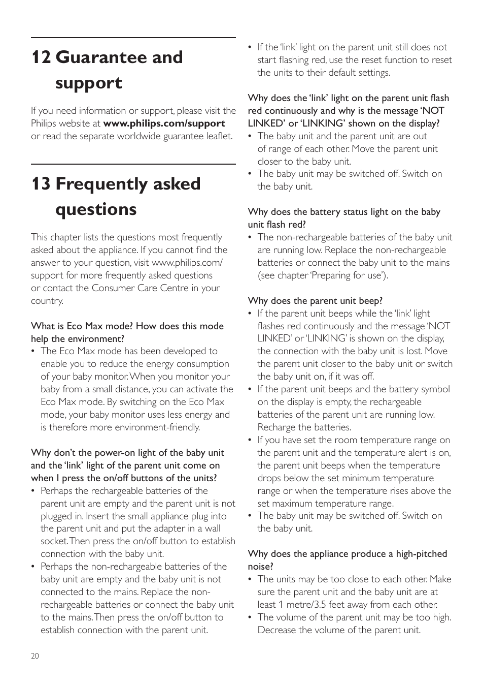 12 guarantee and support, 13 frequently asked questions | Philips AVENT Écoute-bébé DECT User Manual | Page 20 / 294