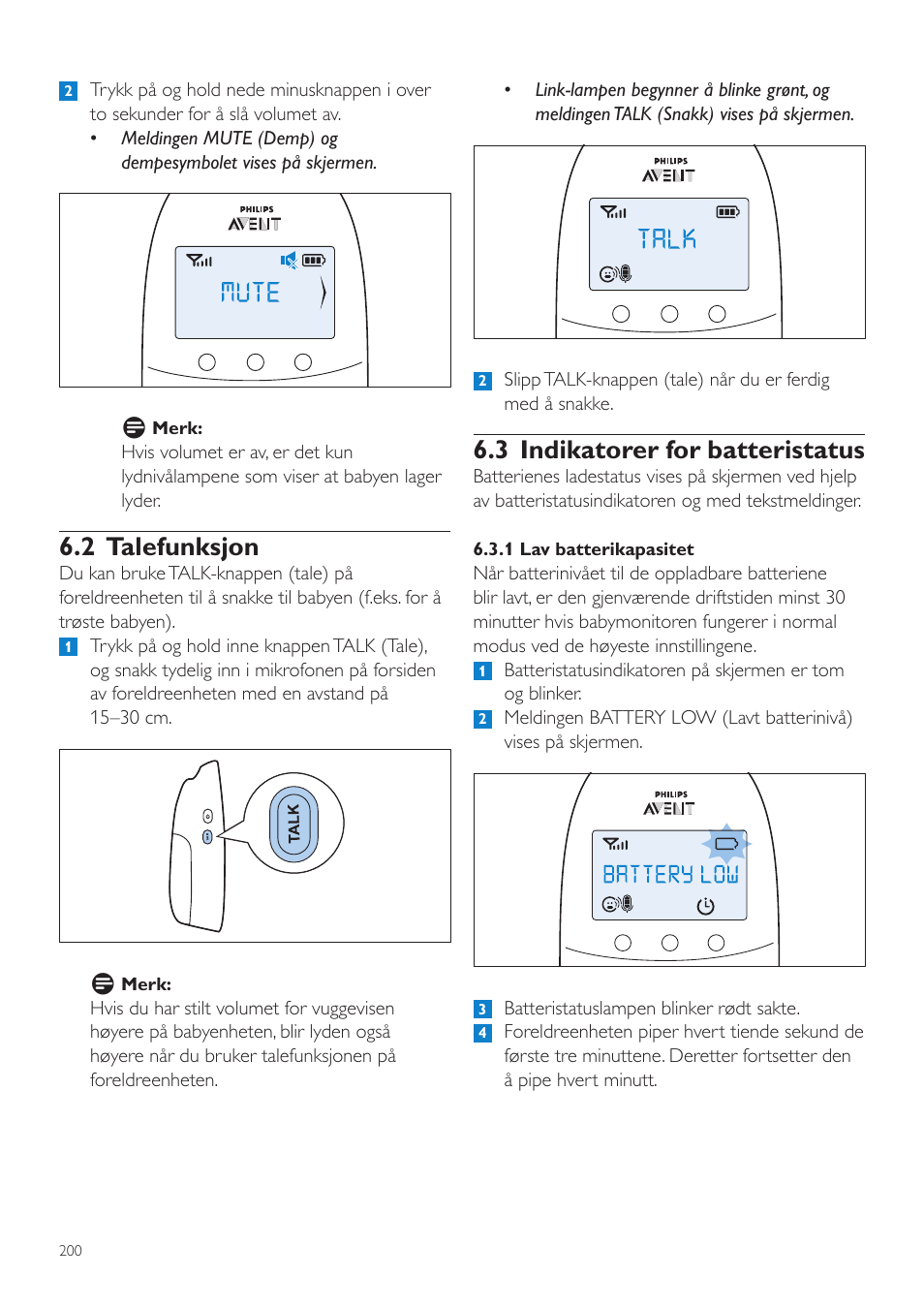 3 indikatorer for batteristatus, 2 talefunksjon | Philips AVENT Écoute-bébé DECT User Manual | Page 200 / 294