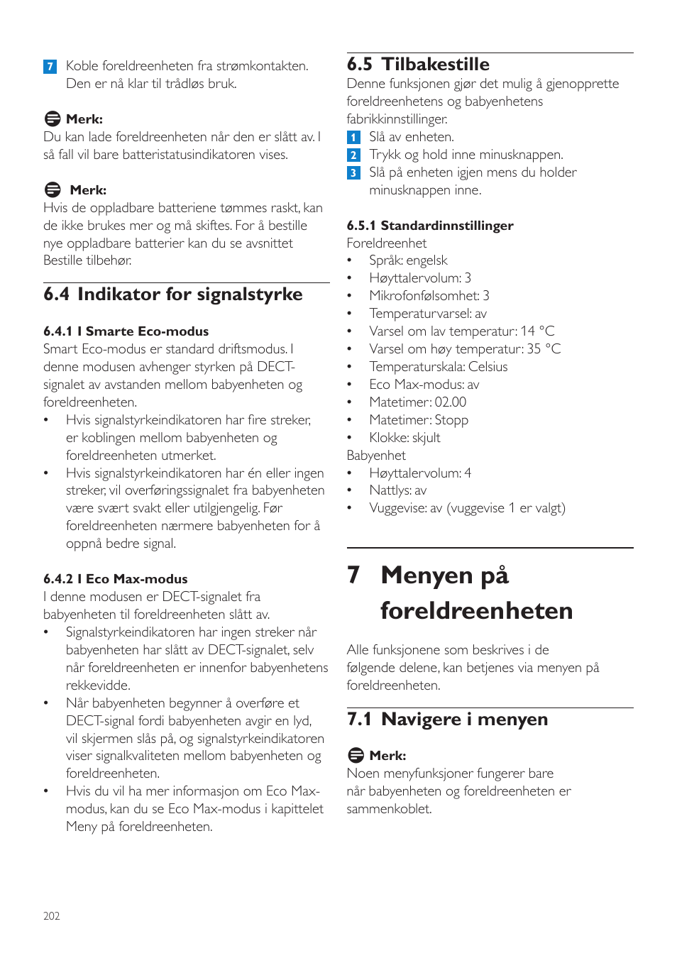 7 menyen på foreldreenheten, 5 tilbakestille, 1 navigere i menyen | 4 indikator for signalstyrke | Philips AVENT Écoute-bébé DECT User Manual | Page 202 / 294