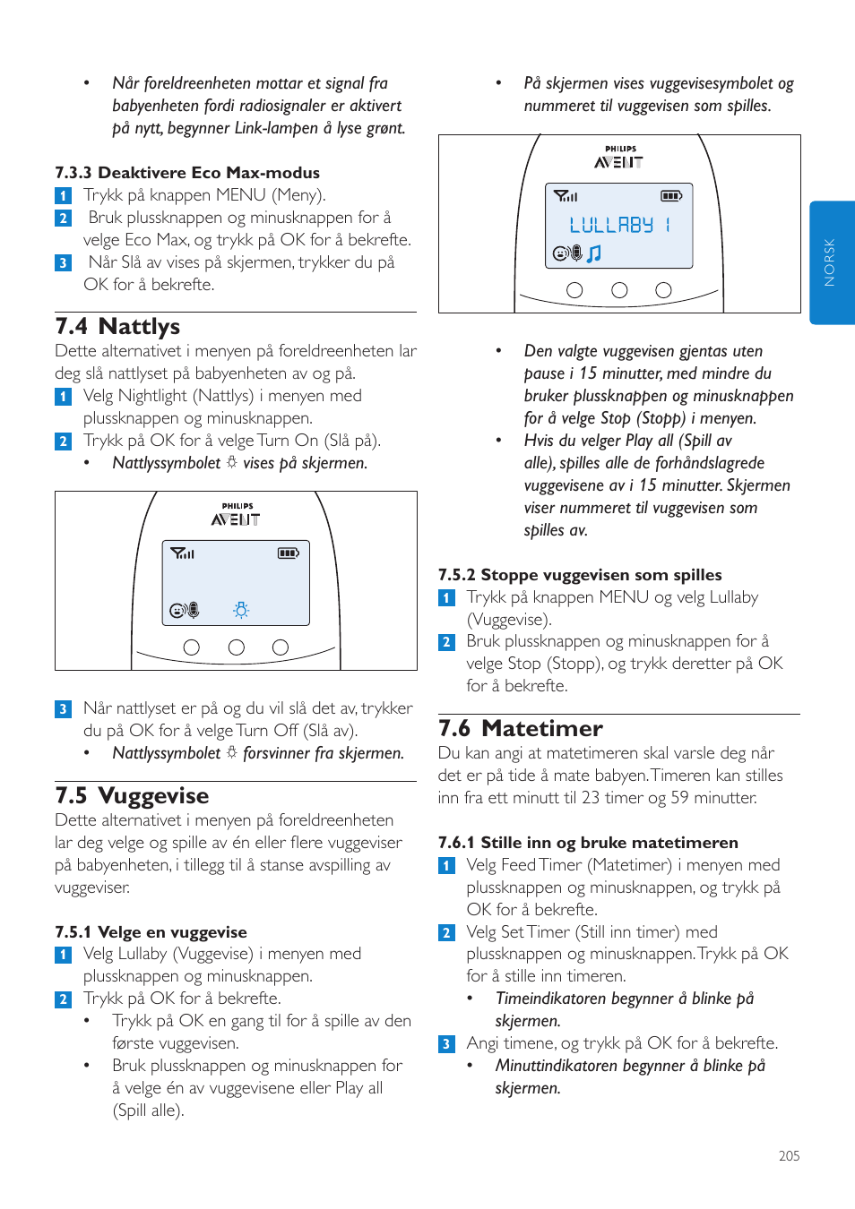 6 matetimer, 4 nattlys, 5 vuggevise | Philips AVENT Écoute-bébé DECT User Manual | Page 205 / 294