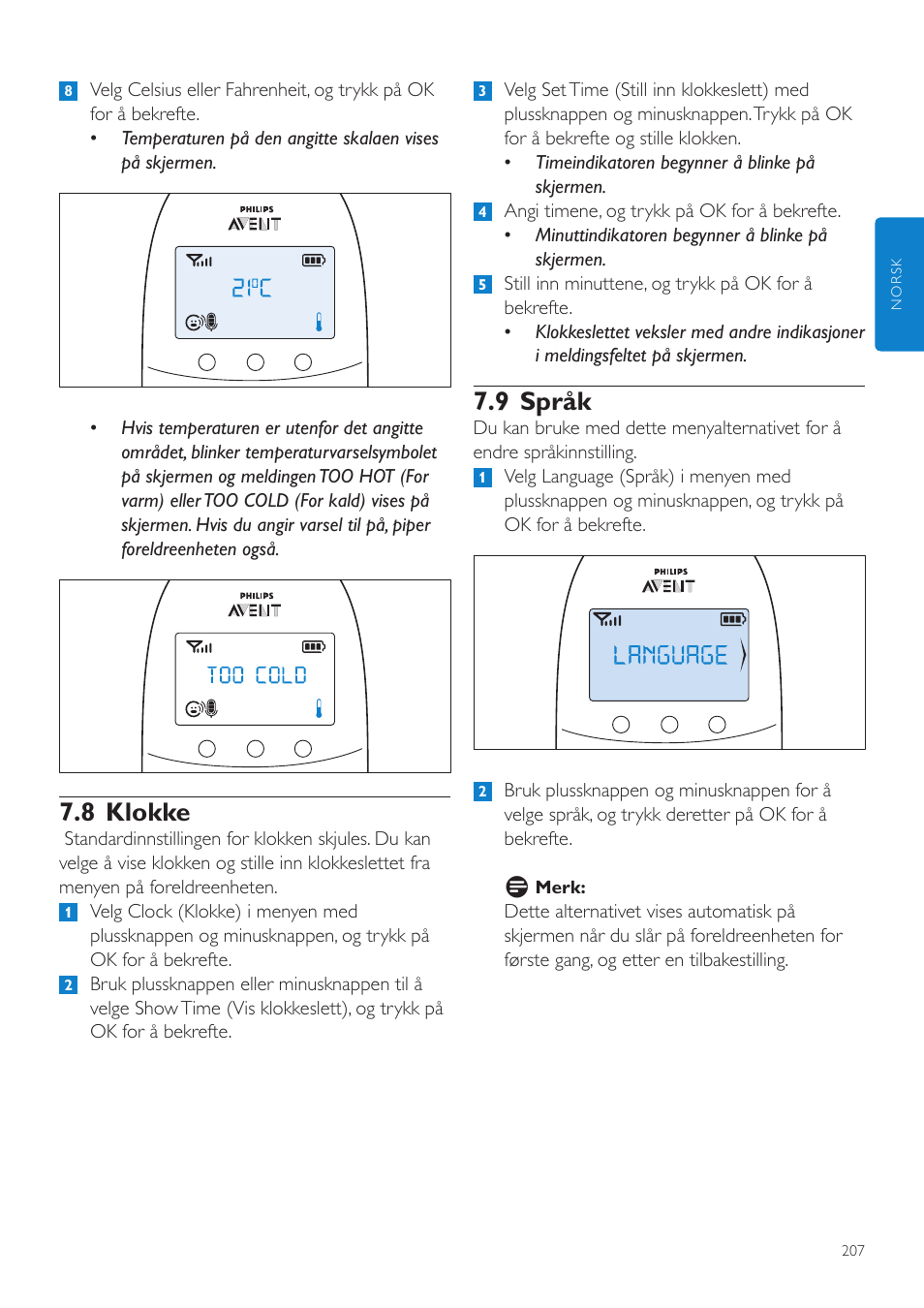 9 språk, 8 klokke | Philips AVENT Écoute-bébé DECT User Manual | Page 207 / 294