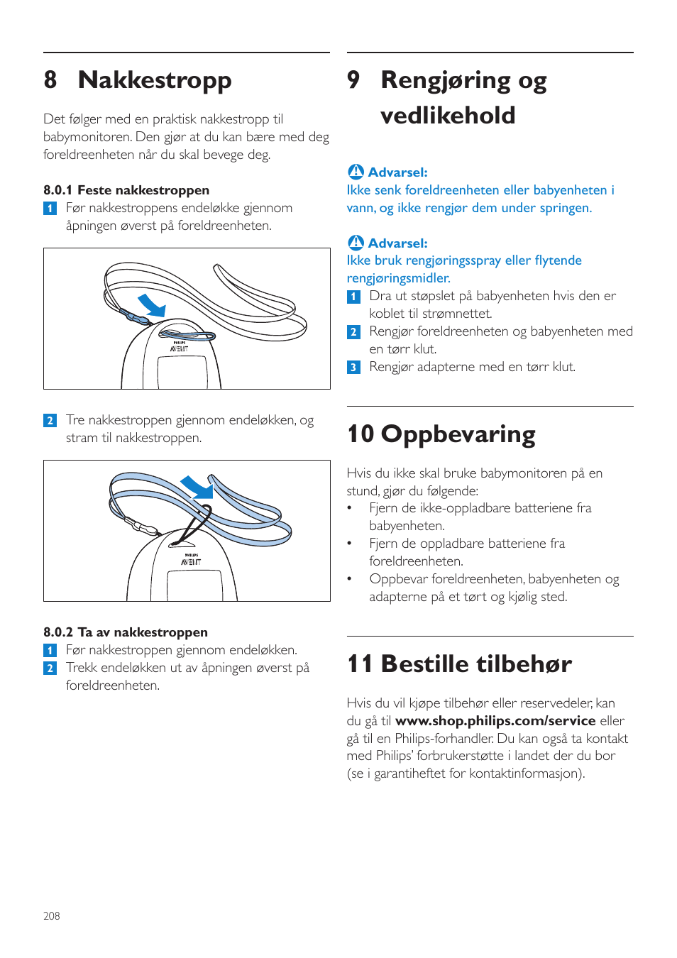 9 rengjøring og vedlikehold, 10 oppbevaring, 11 bestille tilbehør | 8 nakkestropp | Philips AVENT Écoute-bébé DECT User Manual | Page 208 / 294