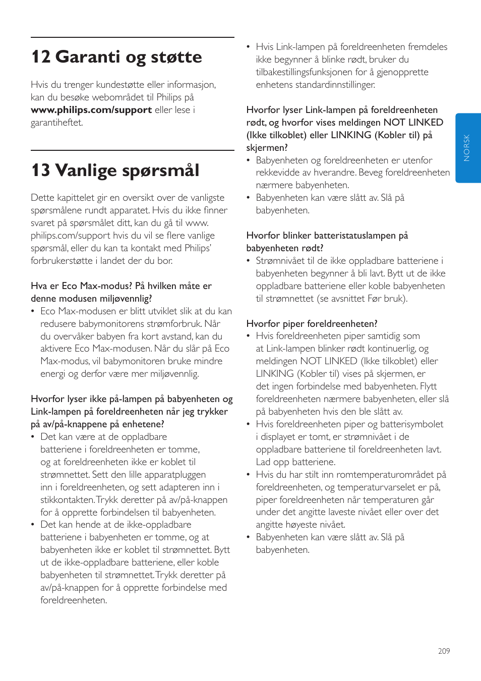 12 garanti og støtte, 13 vanlige spørsmål | Philips AVENT Écoute-bébé DECT User Manual | Page 209 / 294