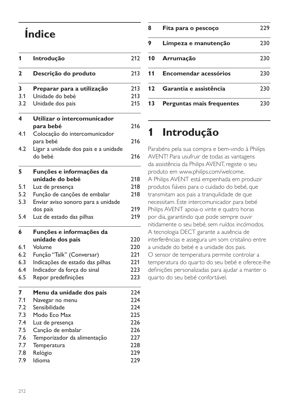 Português, Pt manual do utilizador, 1 introdução | Índice | Philips AVENT Écoute-bébé DECT User Manual | Page 212 / 294