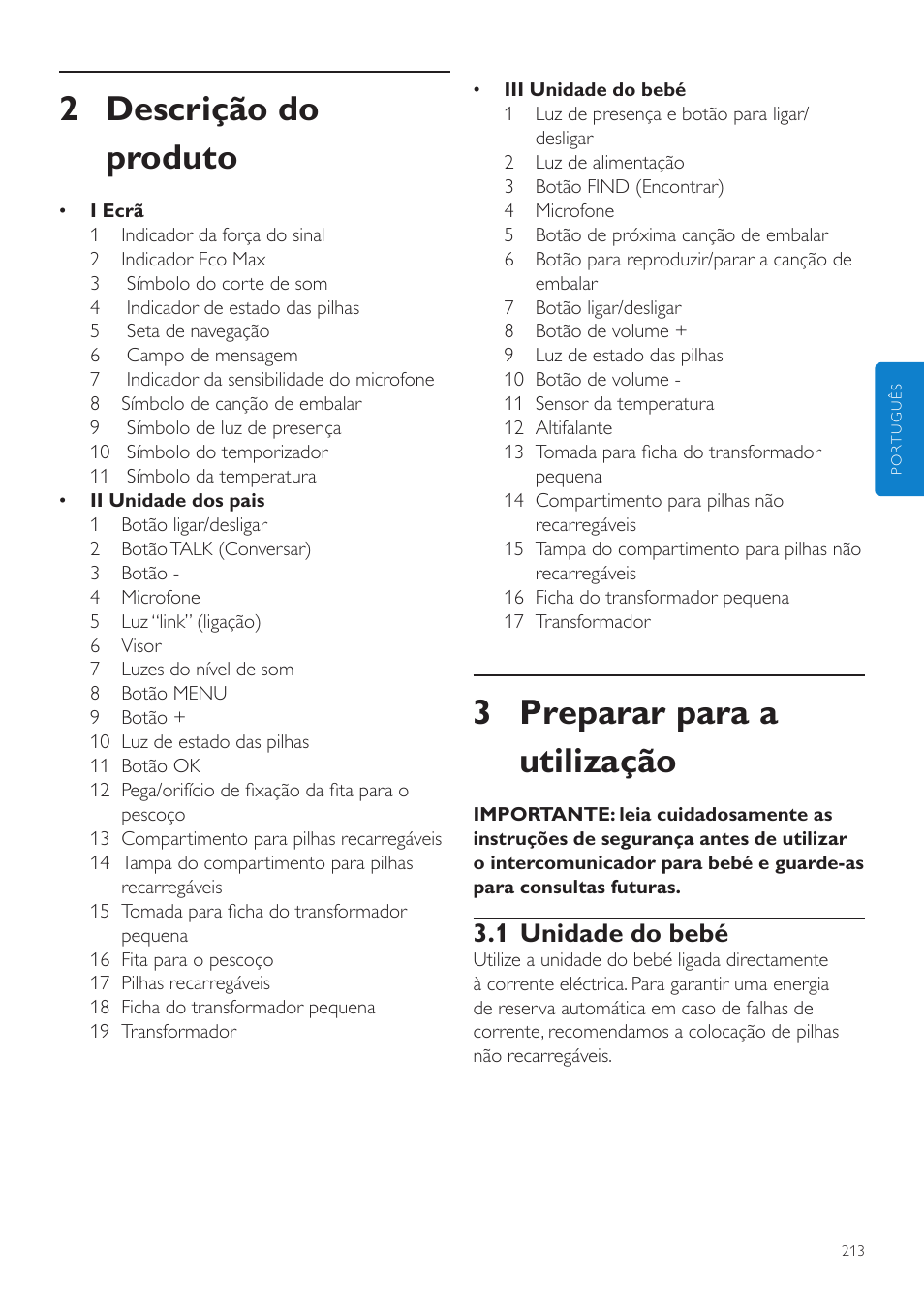 3 preparar para a utilização, 2 descrição do produto, 1 unidade do bebé | Philips AVENT Écoute-bébé DECT User Manual | Page 213 / 294