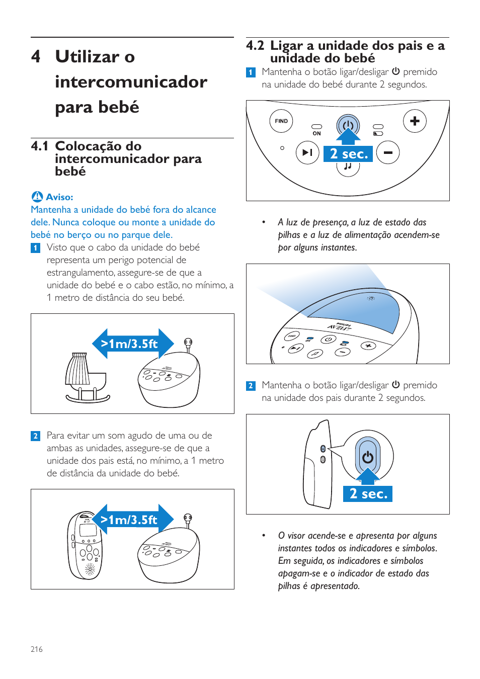 4 utilizar o intercomunicador para bebé, 2 ligar a unidade dos pais e a unidade do bebé, 1 colocação do intercomunicador para bebé | Philips AVENT Écoute-bébé DECT User Manual | Page 216 / 294