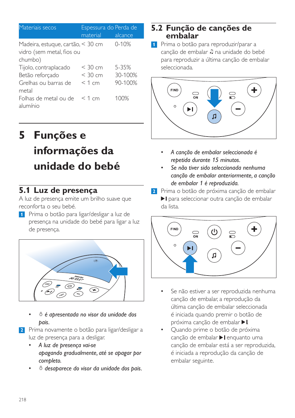 5 funções e informações da unidade do bebé, 2 função de canções de embalar, 1 luz de presença | Philips AVENT Écoute-bébé DECT User Manual | Page 218 / 294