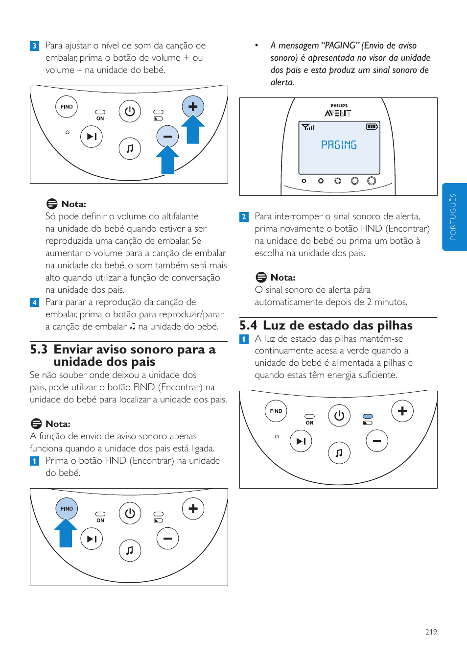 4 luz de estado das pilhas, 3 enviar aviso sonoro para a unidade dos pais | Philips AVENT Écoute-bébé DECT User Manual | Page 219 / 294