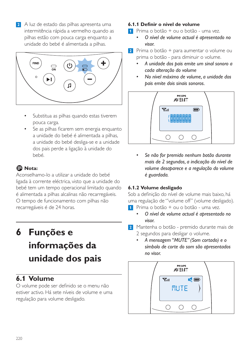 6 funções e informações da unidade dos pais, 1 volume | Philips AVENT Écoute-bébé DECT User Manual | Page 220 / 294