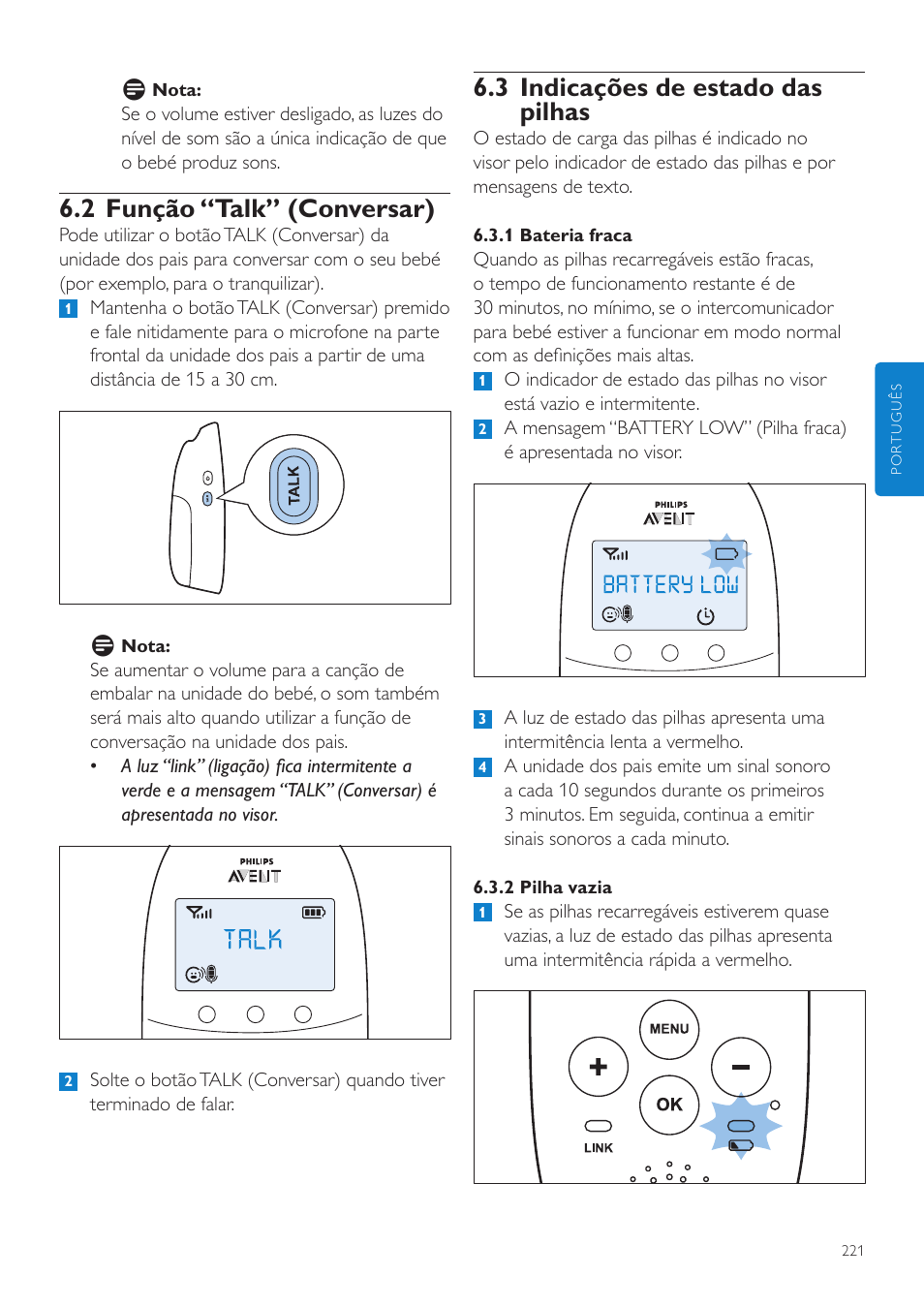 3 indicações de estado das pilhas, 2 função “talk” (conversar) | Philips AVENT Écoute-bébé DECT User Manual | Page 221 / 294