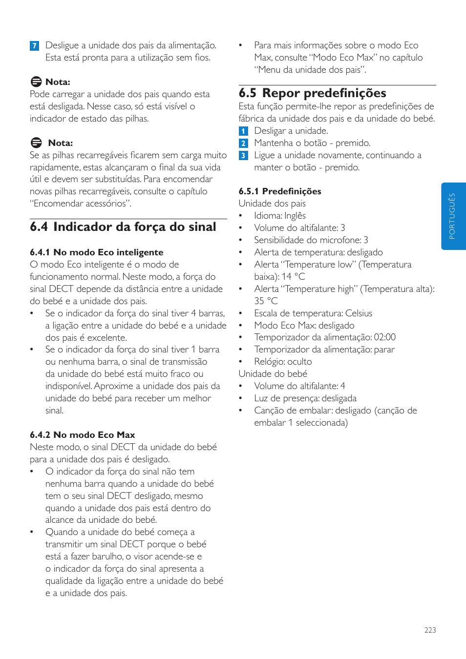 5 repor predefinições, 4 indicador da força do sinal | Philips AVENT Écoute-bébé DECT User Manual | Page 223 / 294