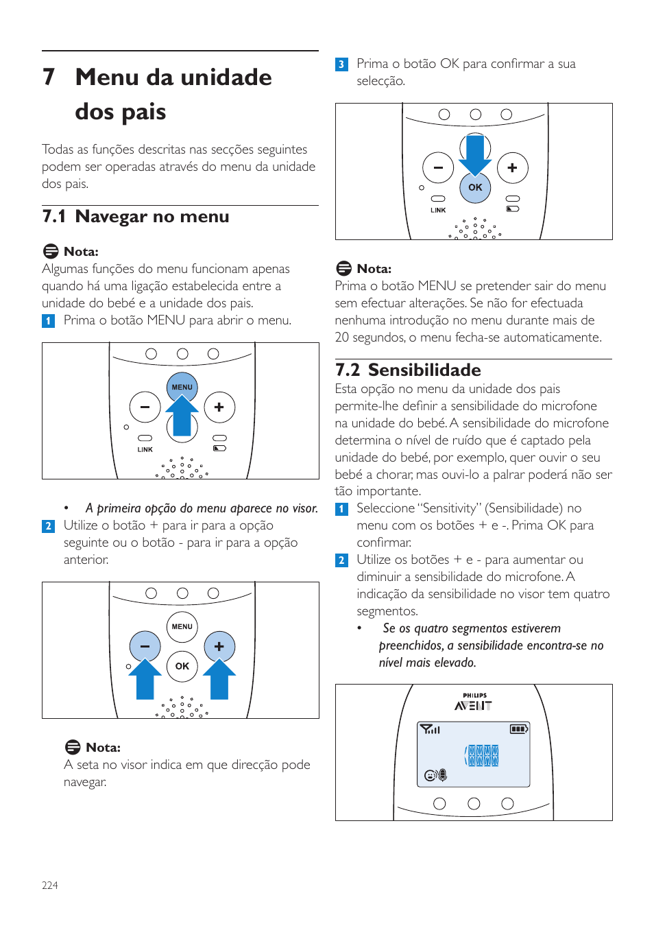 7 menu da unidade dos pais, 2 sensibilidade, 1 navegar no menu | Philips AVENT Écoute-bébé DECT User Manual | Page 224 / 294