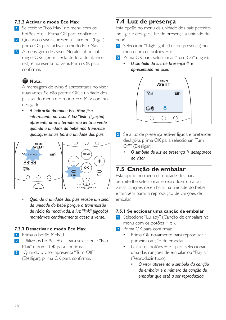 4 luz de presença, 5 canção de embalar | Philips AVENT Écoute-bébé DECT User Manual | Page 226 / 294