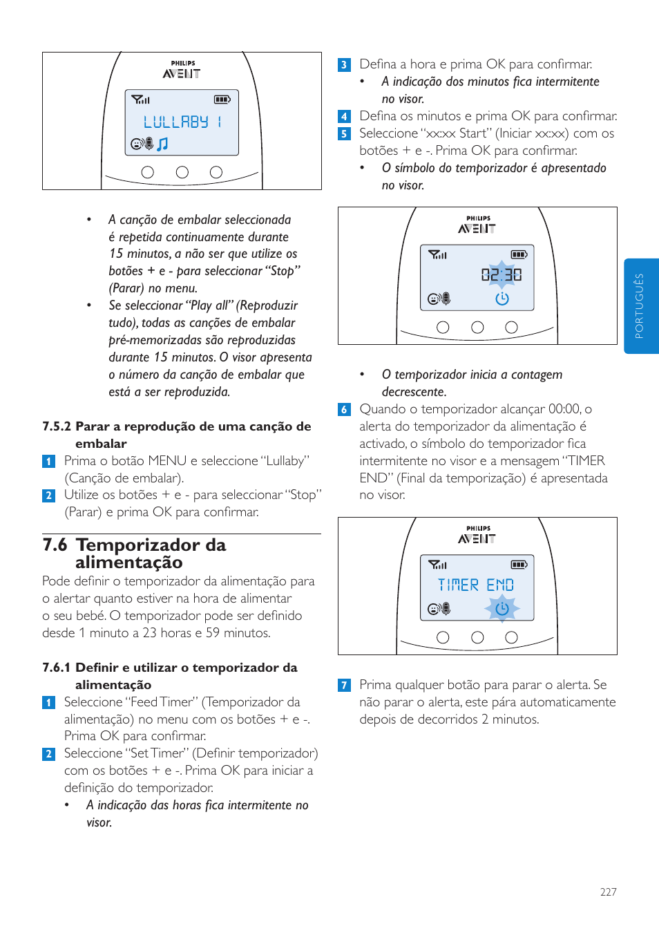 6 temporizador da alimentação | Philips AVENT Écoute-bébé DECT User Manual | Page 227 / 294