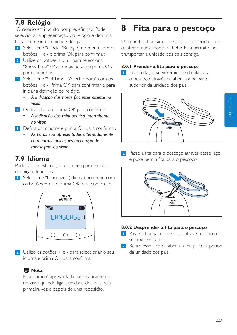 8 fita para o pescoço, 8 relógio, 9 idioma | Philips AVENT Écoute-bébé DECT User Manual | Page 229 / 294