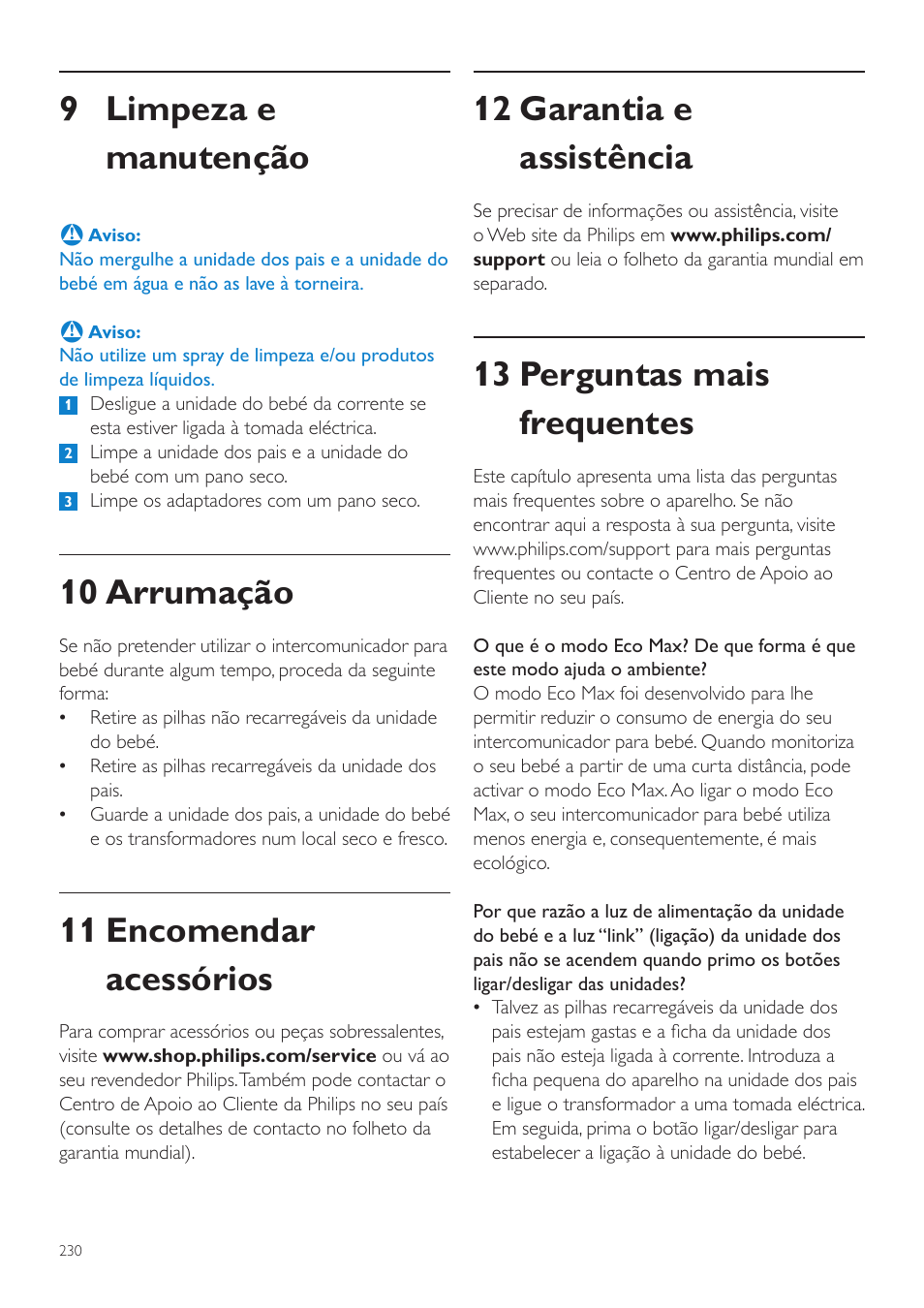 12 garantia e assistência, 13 perguntas mais frequentes, 9 limpeza e manutenção | 10 arrumação, 11 encomendar acessórios | Philips AVENT Écoute-bébé DECT User Manual | Page 230 / 294