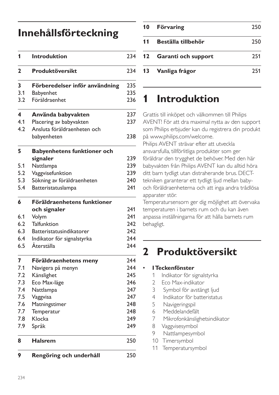 Svenska, Sv användarhandbok, 1 introduktion | 2 produktöversikt, Innehållsförteckning | Philips AVENT Écoute-bébé DECT User Manual | Page 234 / 294