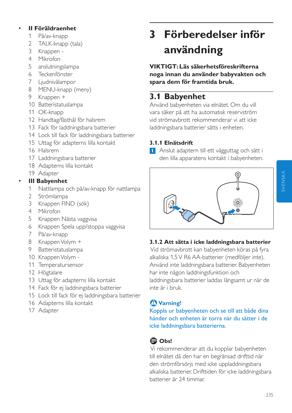 3 förberedelser inför användning, 1 babyenhet | Philips AVENT Écoute-bébé DECT User Manual | Page 235 / 294