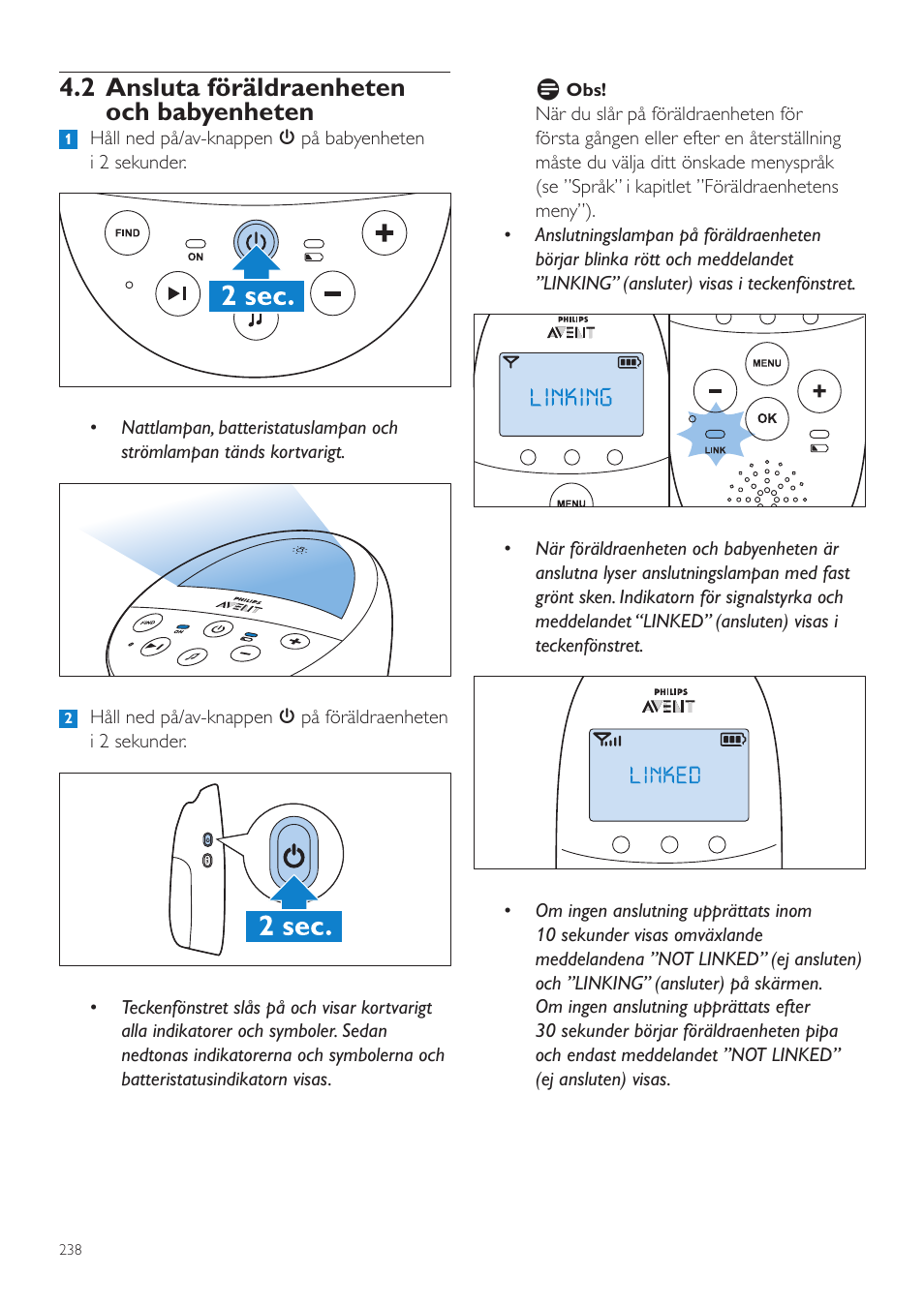 2 ansluta föräldraenheten och babyenheten | Philips AVENT Écoute-bébé DECT User Manual | Page 238 / 294