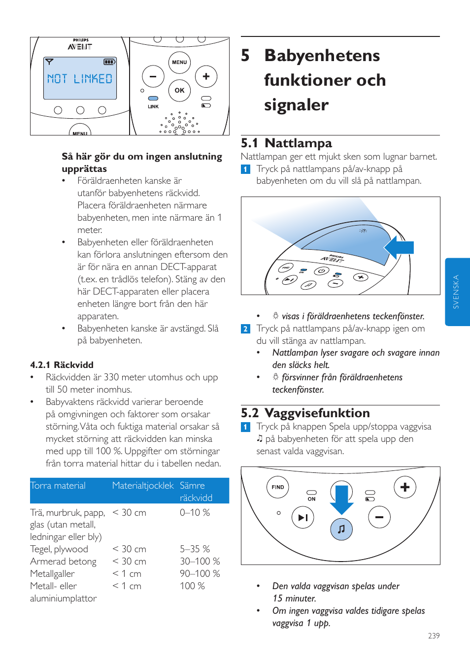 5 babyenhetens funktioner och signaler, 1 nattlampa, 2 vaggvisefunktion | Philips AVENT Écoute-bébé DECT User Manual | Page 239 / 294