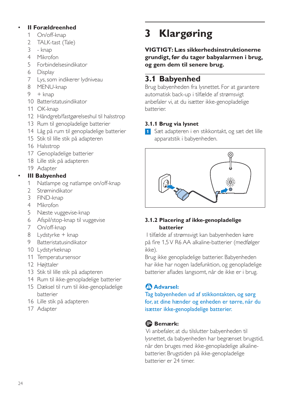 3 klargøring, 1 babyenhed | Philips AVENT Écoute-bébé DECT User Manual | Page 24 / 294