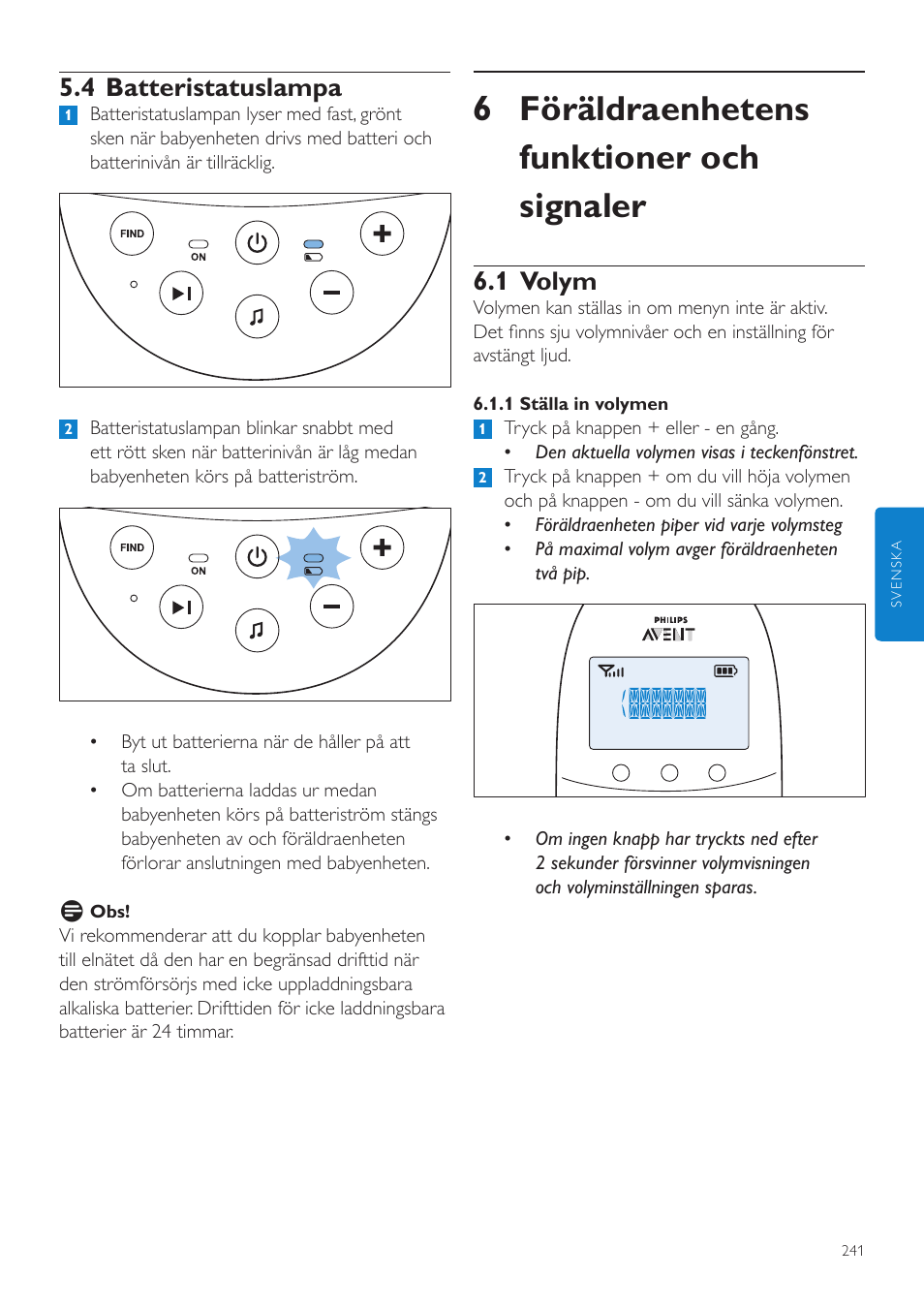 6 föräldraenhetens funktioner och signaler, 1 volym, 4 batteristatuslampa | Philips AVENT Écoute-bébé DECT User Manual | Page 241 / 294