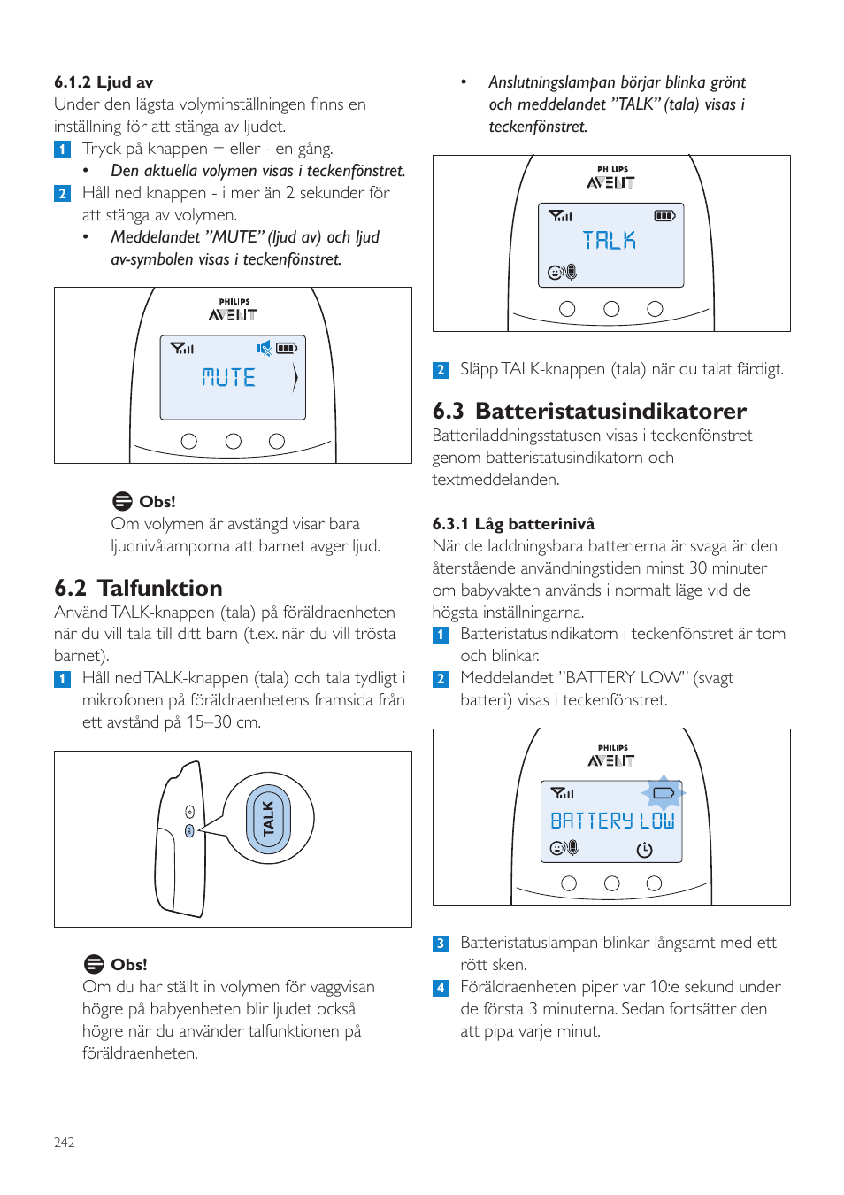 3 batteristatusindikatorer, 2 talfunktion | Philips AVENT Écoute-bébé DECT User Manual | Page 242 / 294