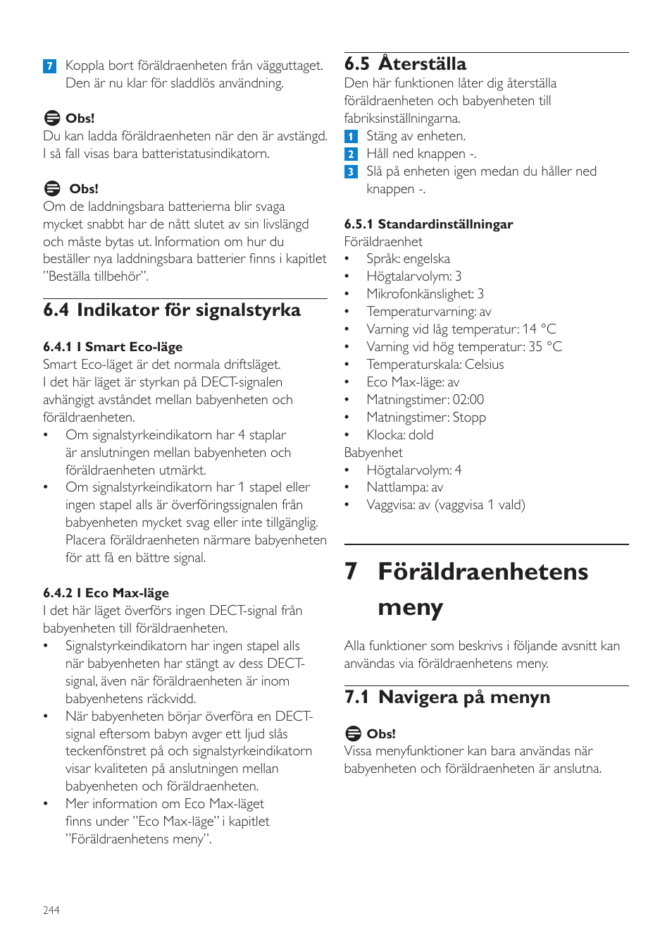 7 föräldraenhetens meny, 5 återställa, 1 navigera på menyn | 4 indikator för signalstyrka | Philips AVENT Écoute-bébé DECT User Manual | Page 244 / 294