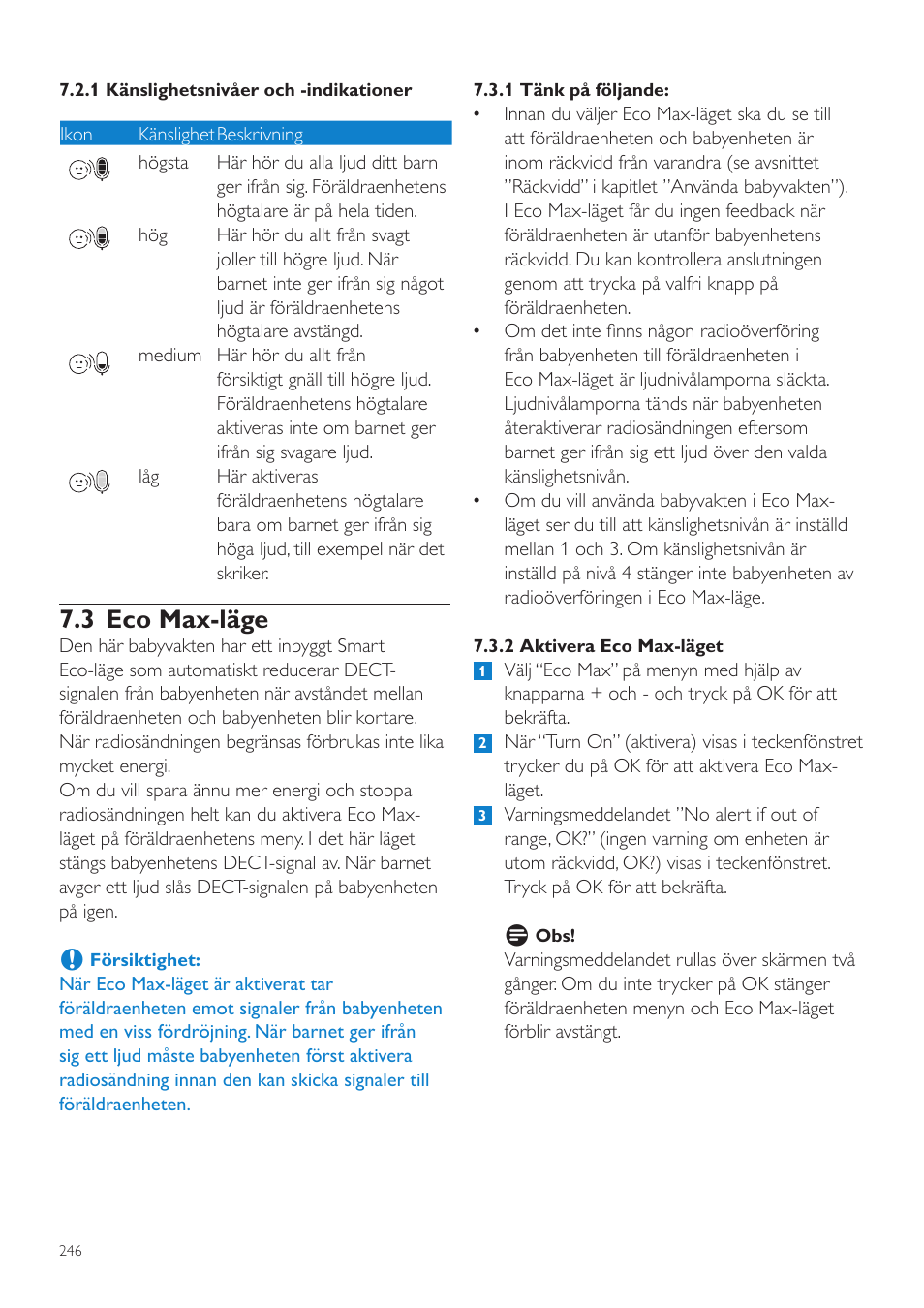 3 eco max-läge | Philips AVENT Écoute-bébé DECT User Manual | Page 246 / 294