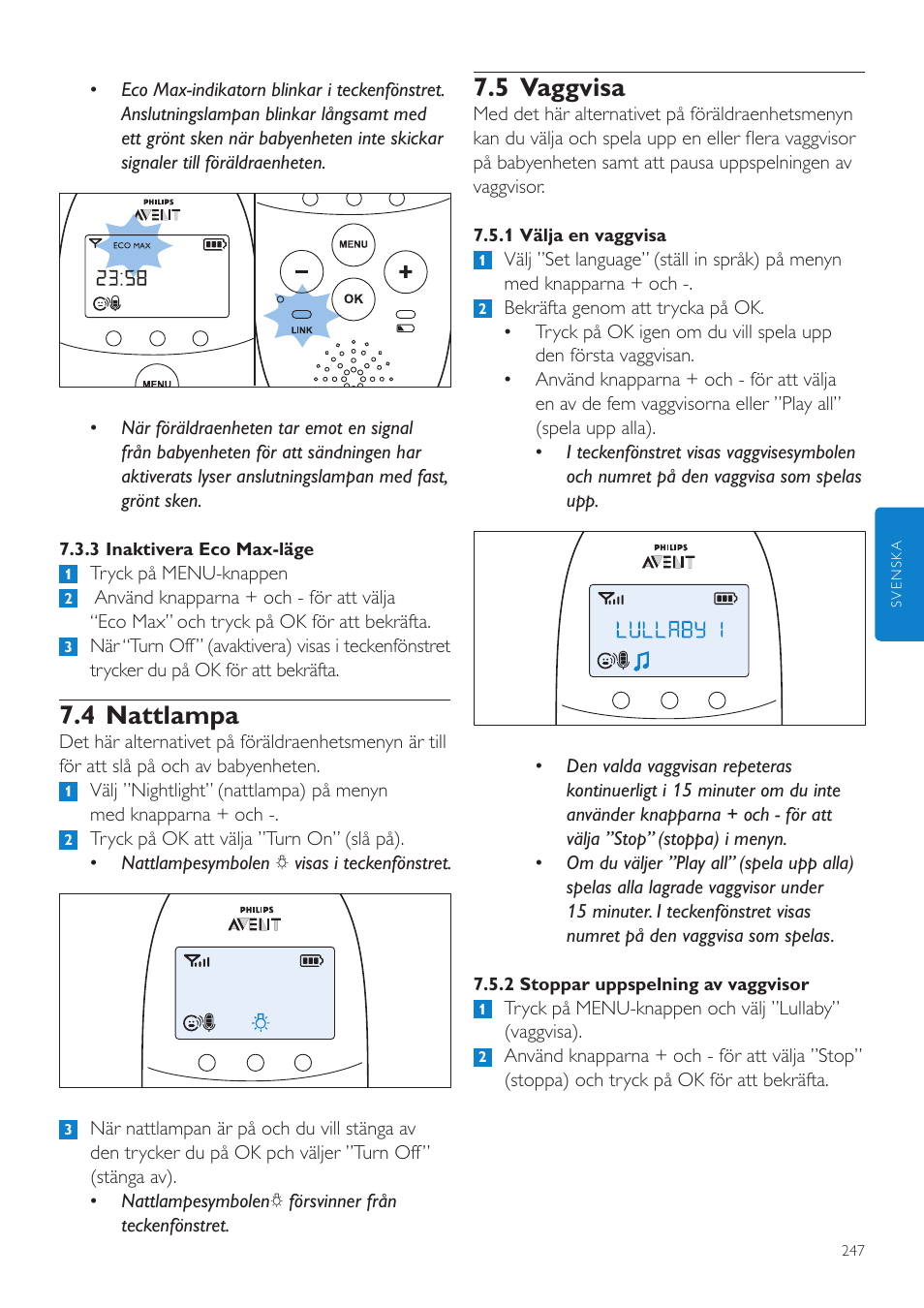 5 vaggvisa, 4 nattlampa | Philips AVENT Écoute-bébé DECT User Manual | Page 247 / 294