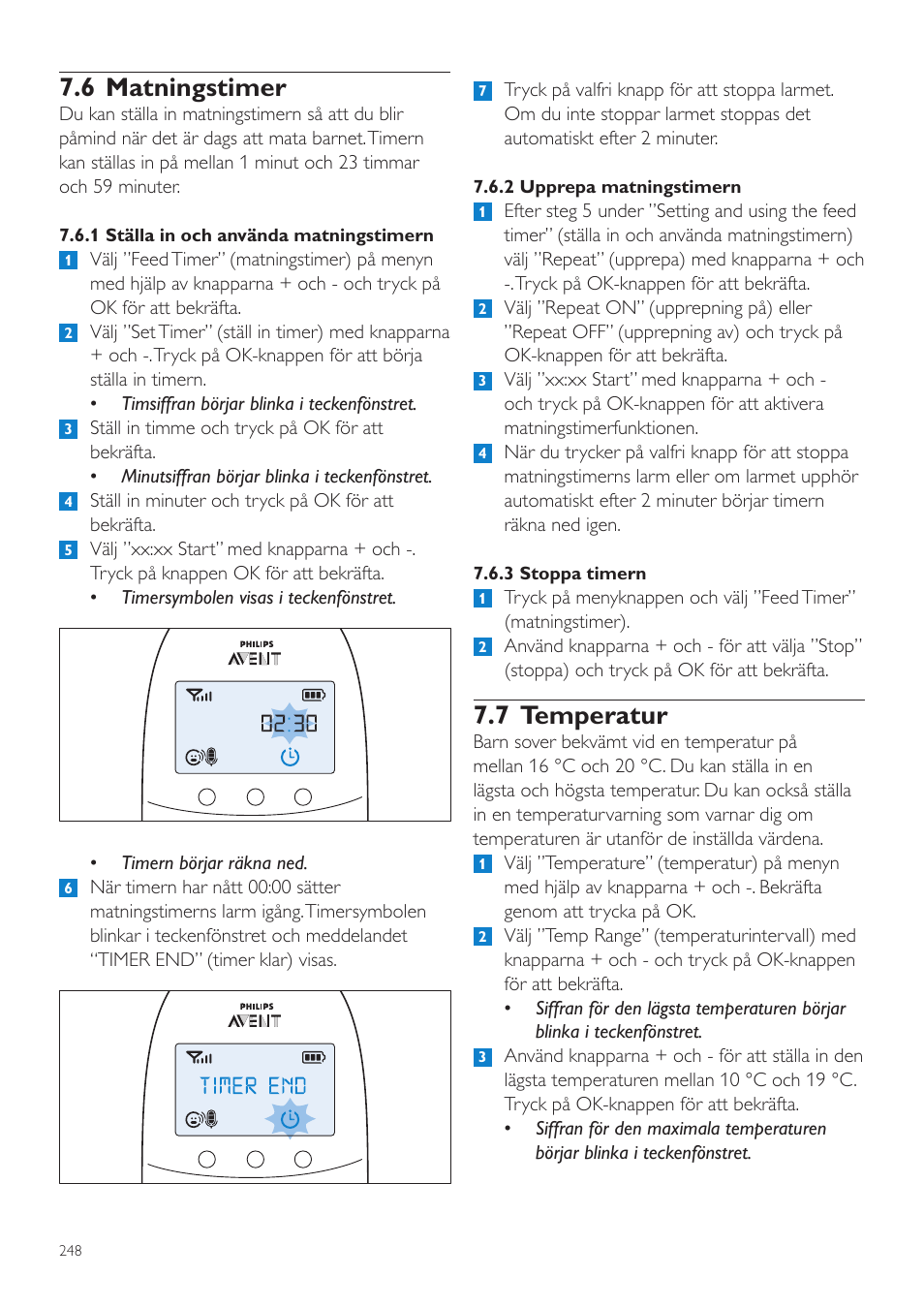 7 temperatur, 6 matningstimer | Philips AVENT Écoute-bébé DECT User Manual | Page 248 / 294