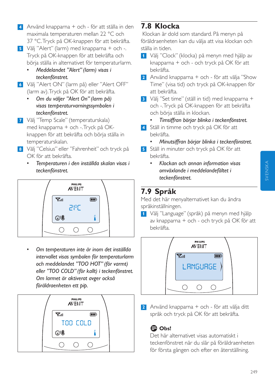 8 klocka, 9 språk | Philips AVENT Écoute-bébé DECT User Manual | Page 249 / 294