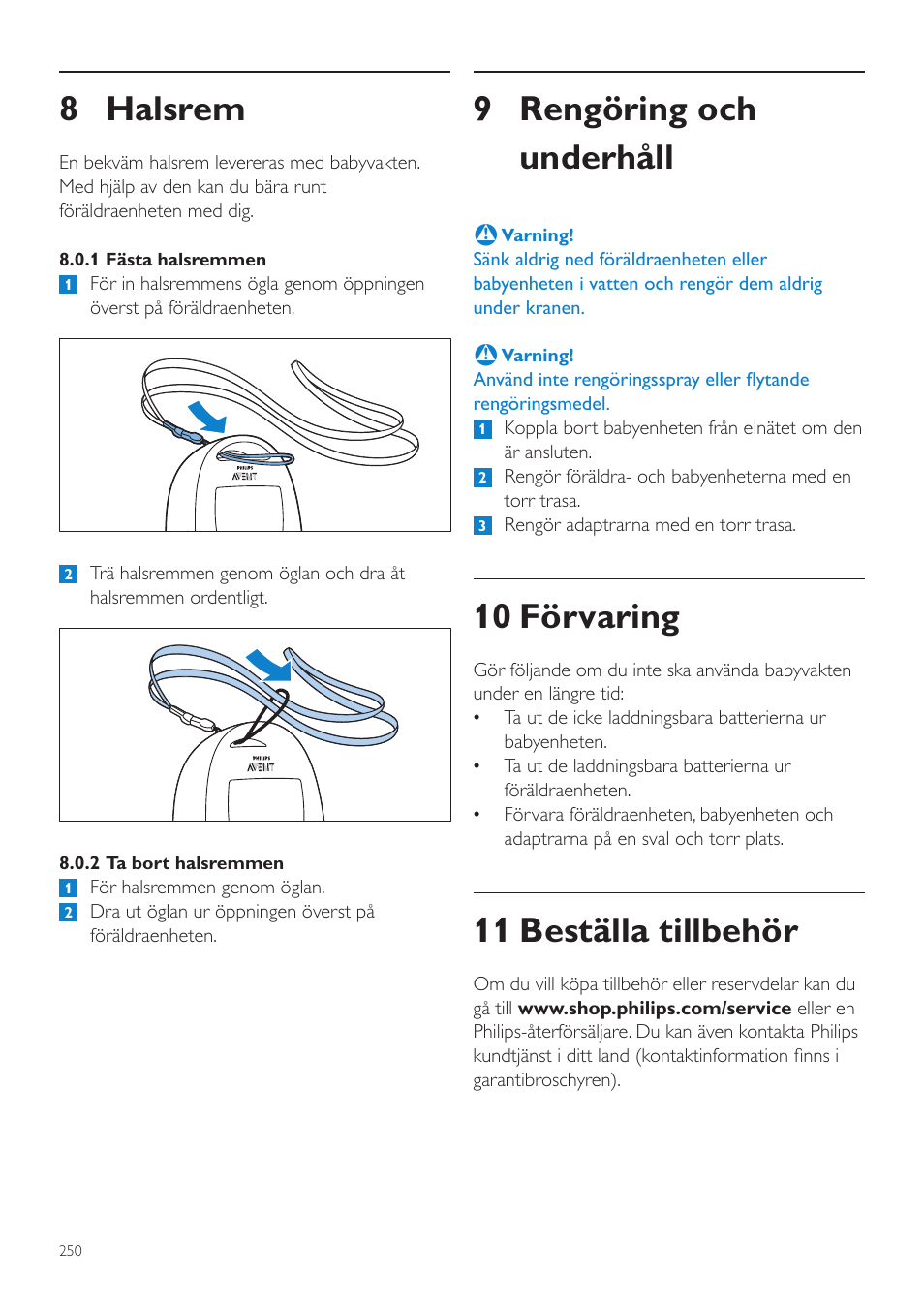 9 rengöring och underhåll, 10 förvaring, 11 beställa tillbehör | 8 halsrem | Philips AVENT Écoute-bébé DECT User Manual | Page 250 / 294