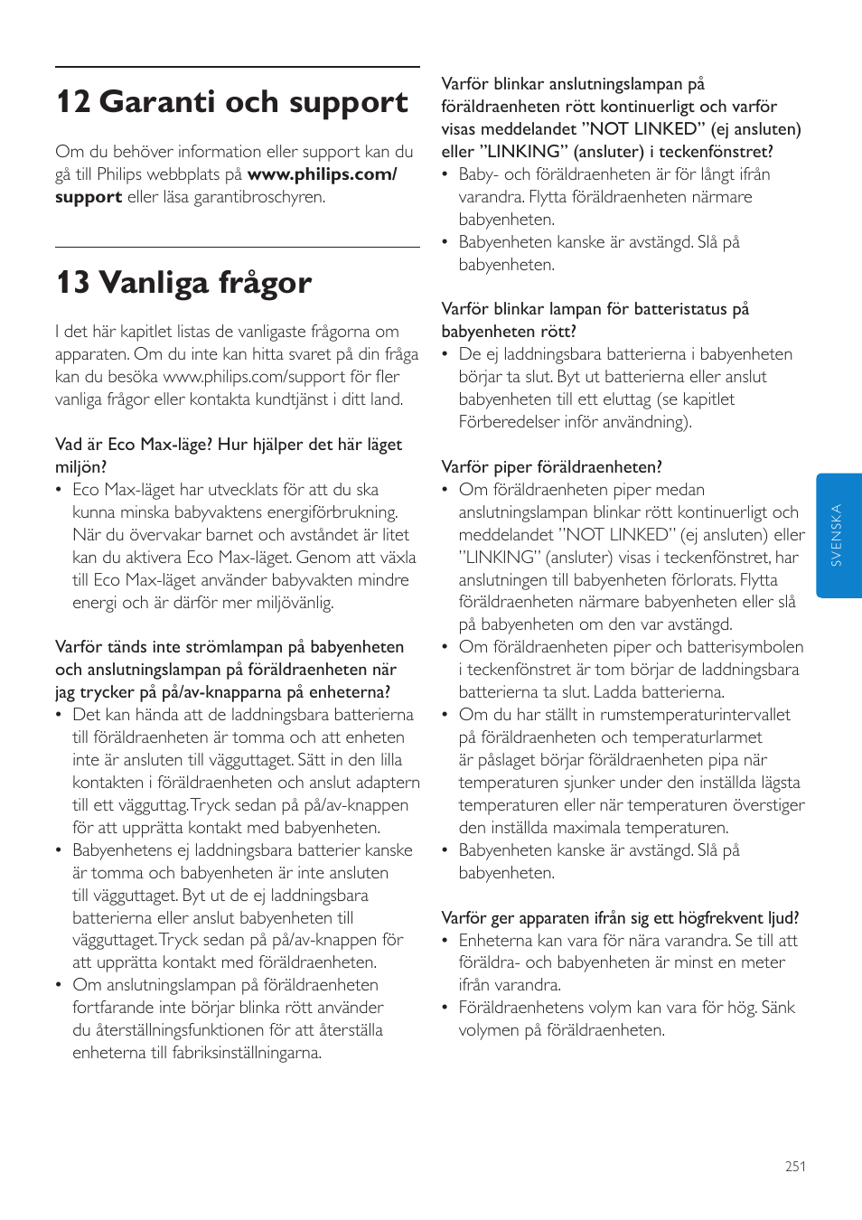 12 garanti och support, 13 vanliga frågor | Philips AVENT Écoute-bébé DECT User Manual | Page 251 / 294