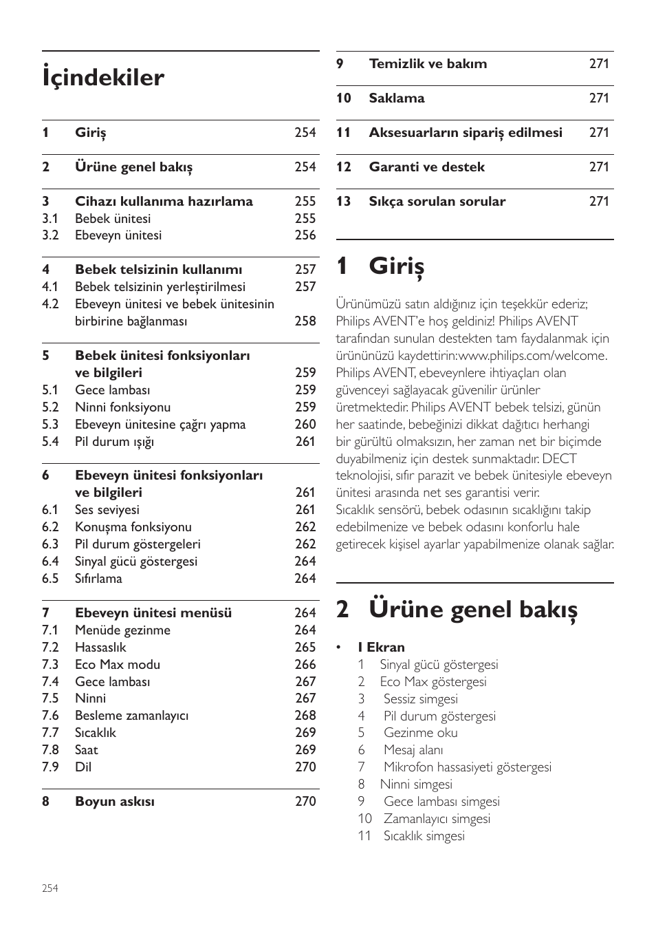 Türkçe, Tr kullanım kılavuzu, 1 giriş | 2 ürüne genel bakış, Içindekiler | Philips AVENT Écoute-bébé DECT User Manual | Page 254 / 294