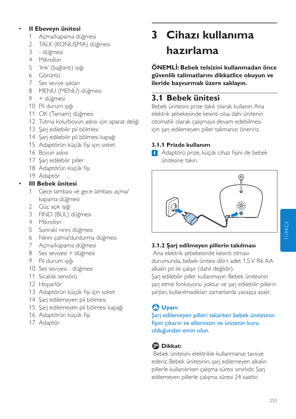 3 cihazı kullanıma hazırlama, 1 bebek ünitesi | Philips AVENT Écoute-bébé DECT User Manual | Page 255 / 294