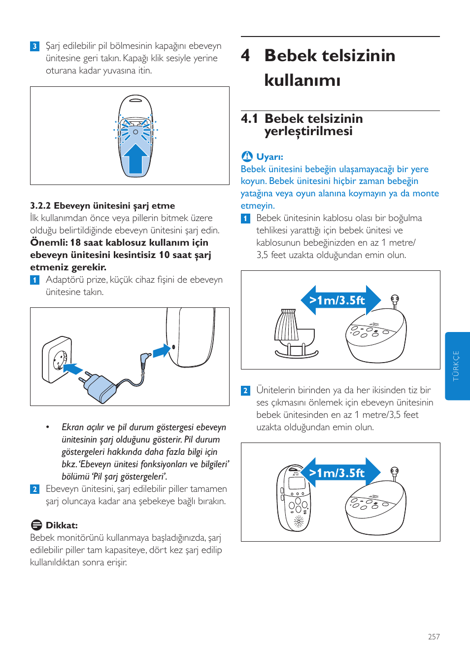 4 bebek telsizinin kullanımı, 1 bebek telsizinin yerleştirilmesi | Philips AVENT Écoute-bébé DECT User Manual | Page 257 / 294